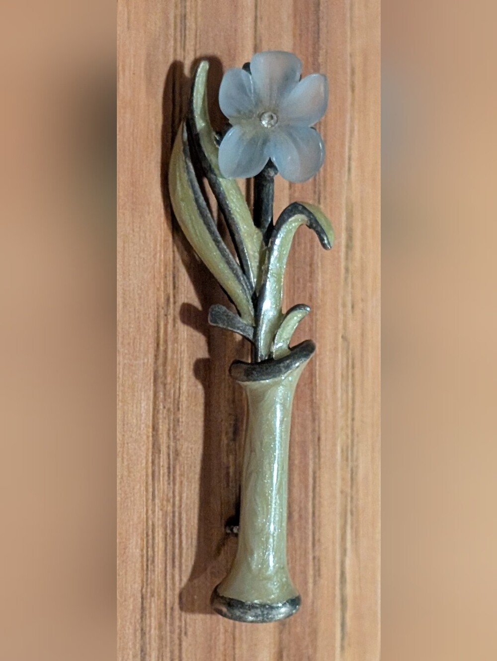 Enamel Brooch Blue Flower In A Vase